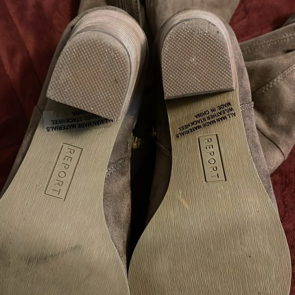 REPORT over the knee boots 3”heels suede feel women’s size 9 Taupe color walking